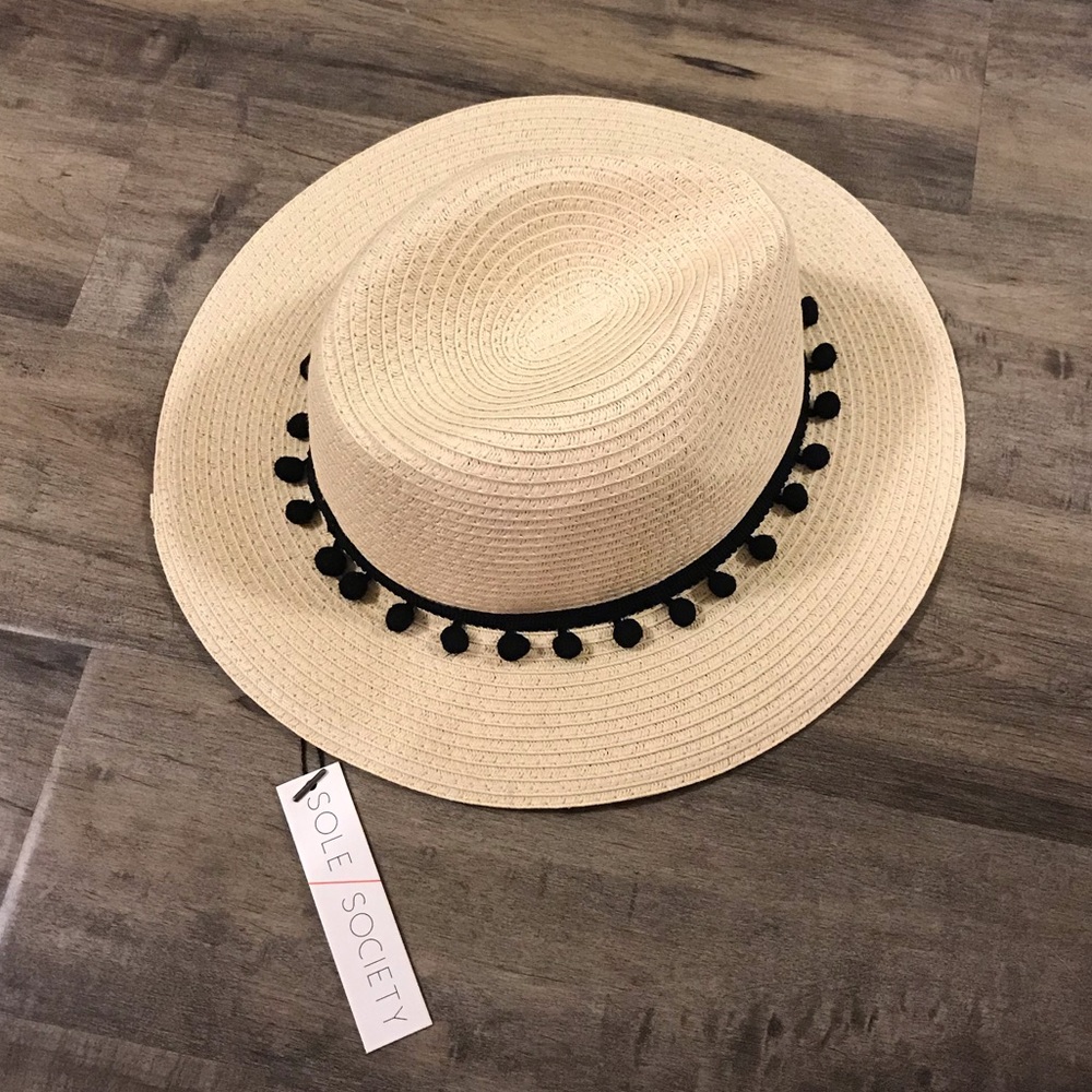 Sole Society Straw Panama Hat with Pom Poms